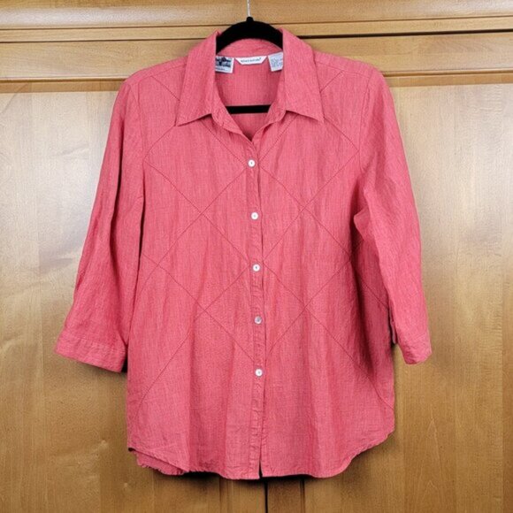 Richard Malcolm Tops - Richard Malcolm 3/4 Sleeve Coral Red 100% Irish Linen Diamond Pattern Blouse - L